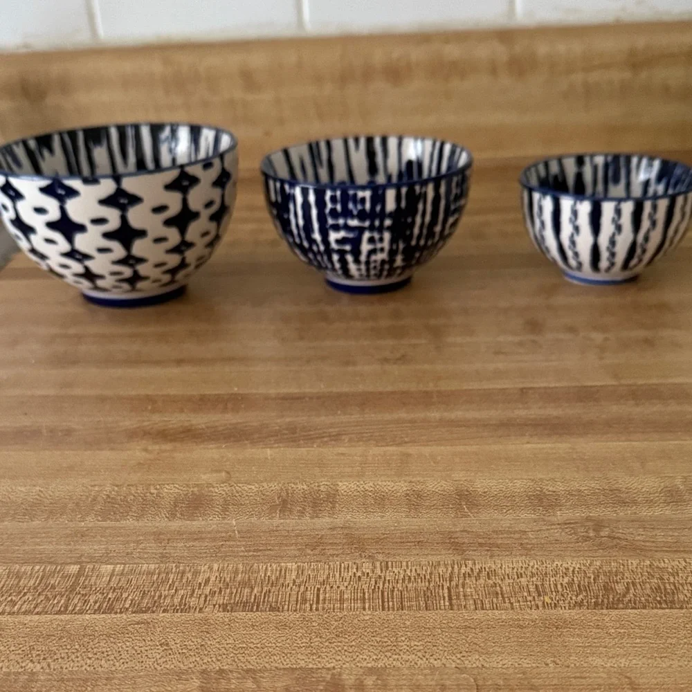 West Elm Indigo and White Ceramic Bowl Trio